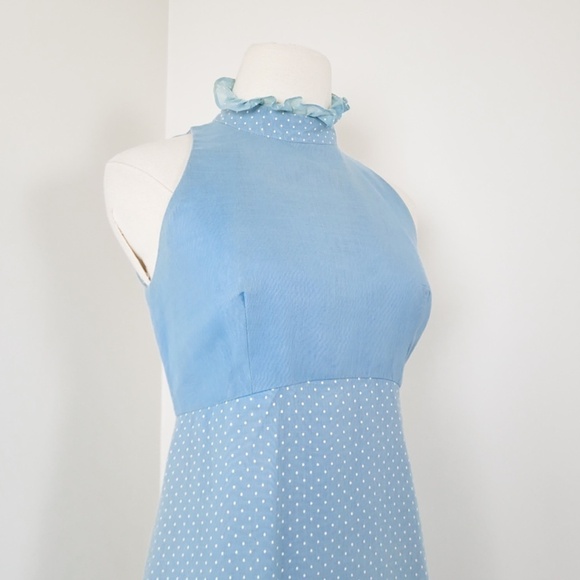 70's Baby Blue Maxi Dress Bolero Cardigan Halter High Neck Ruffles Floor Length - Picture 6 of 16